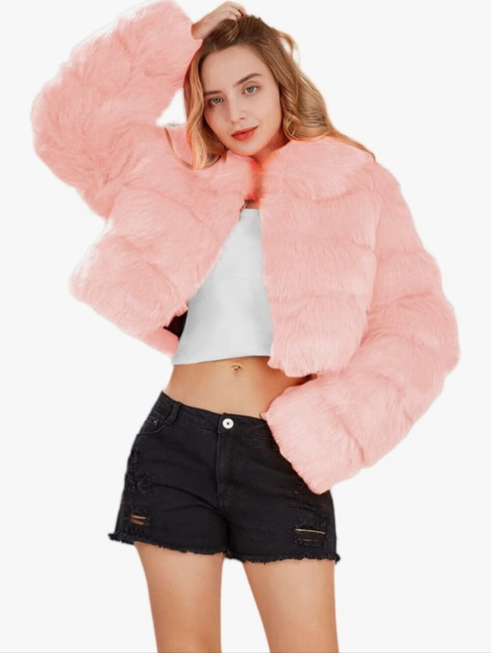 Women Fluffy Faux Fur Coat Cropped Jacket Puffer Jacket Zip Up Winter Warm Fuzzy